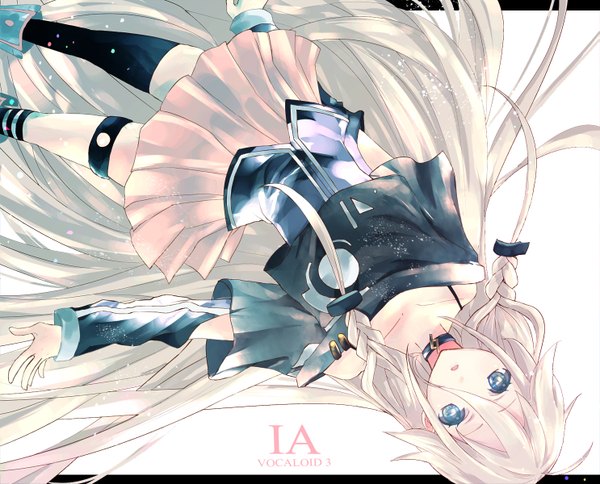 Anime picture 1485x1200 with vocaloid ia (vocaloid) alicetype single long hair open mouth blue eyes simple background white background bare shoulders white hair braid (braids) pleated skirt twin braids spread arms falling girl thighhighs skirt black thighhighs