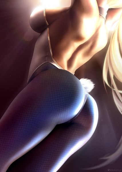 Anime picture 1240x1748 with fate (series) fate/grand order artoria pendragon (all) artoria pendragon (swimsuit ruler) (fate) queasy s single tall image breasts light erotic blonde hair large breasts signed ass tail animal tail arms up armpit (armpits) twitter username lens flare back