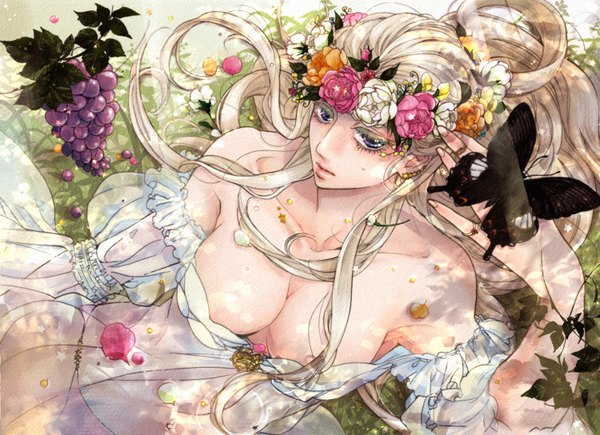Anime picture 1500x1088 with original gallop7 single long hair breasts blue eyes light erotic blonde hair large breasts bare shoulders from above girl dress underwear panties flower (flowers) food insect butterfly transparent clothing