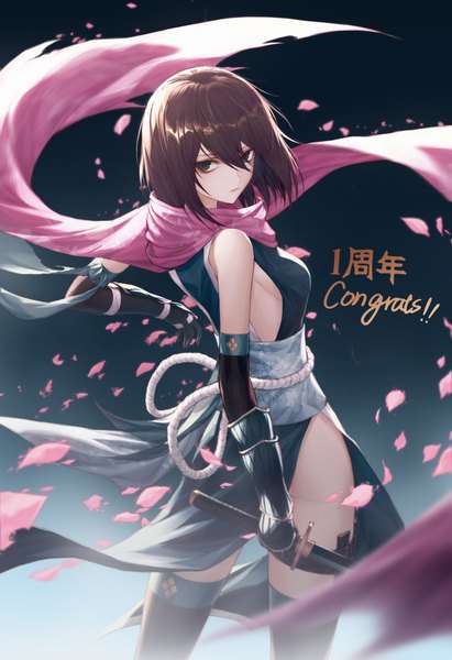 Anime picture 2805x4096 with romancing saga und0 single tall image looking at viewer fringe highres short hair light erotic simple background hair between eyes brown hair standing holding green eyes looking away traditional clothes japanese clothes cherry blossoms turning head