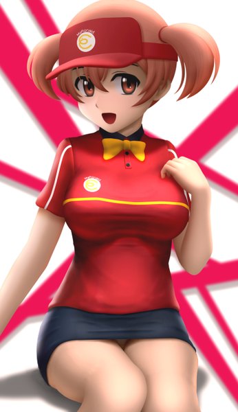 Anime picture 750x1300 with hataraku maou-sama! white fox sasaki chiho siraha single tall image looking at viewer short hair open mouth red eyes brown hair twintails short twintails girl skirt flat cap