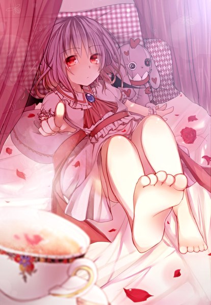 Anime picture 1373x1990 with touhou remilia scarlet toufukin single tall image red eyes purple hair lying barefoot legs bat wings pointing canopy bed girl flower (flowers) petals wings pillow rose (roses) bed