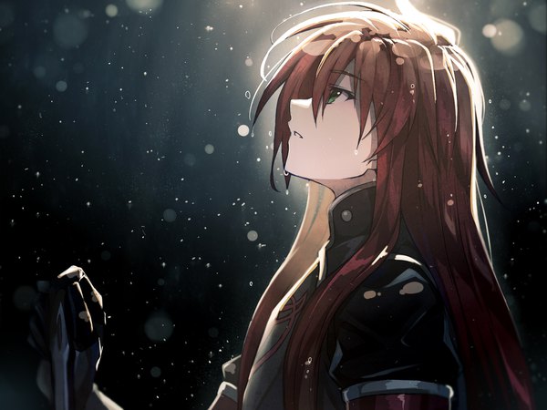 Anime picture 2000x1500 with tales of (series) tales of the abyss asch akami fumio single long hair fringe highres green eyes upper body red hair profile wet light looking up hair over eyes boy armor