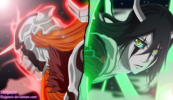 Anime picture 3745x2176 with bleach studio pierrot kurosaki ichigo ulquiorra schiffer sleipneir long hair highres black hair red eyes wide image yellow eyes absurdres profile horn (horns) orange hair multiple boys coloring facial mark light spoilers