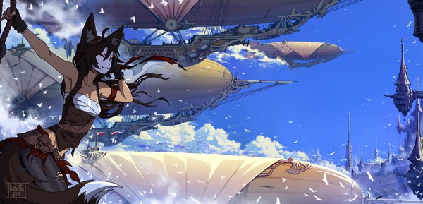 Anime picture 1920x925 with original katrin fox kate-fox single long hair highres brown hair wide image animal ears looking away sky ahoge tail animal tail wind fox ears city fox tail fox girl cityscape