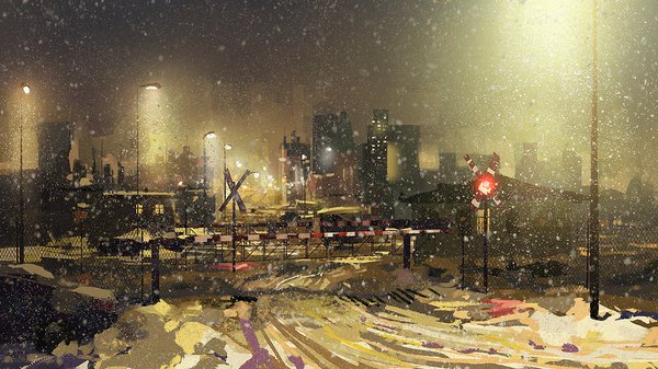 Anime picture 1111x625 with original johannes voss wide image night city snowing winter snow no people city lights lantern lamppost traffic sign traffic lights