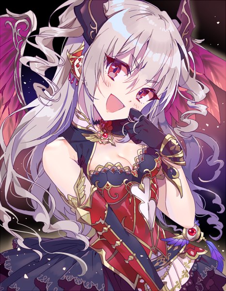 Anime picture 650x835 with idolmaster idolmaster cinderella girls idolmaster cinderella girls starlight stage kanzaki ranko inzup single long hair tall image looking at viewer blush fringe breasts open mouth hair between eyes red eyes cleavage silver hair upper body head tilt :d