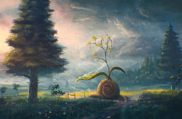 Anime picture 3200x2089 with original sylar113 highres absurdres cloud (clouds) rain no people fantasy scenic giant animal plant (plants) animal tree (trees) grass path snail