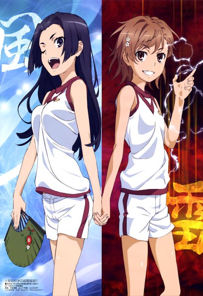 Anime picture 4086x5925 with to aru kagaku no railgun j.c. staff megami magazine misaka mikoto kongou mitsuko kimoto shigeki long hair tall image looking at viewer highres short hair open mouth black hair smile brown hair multiple girls brown eyes absurdres scan official art