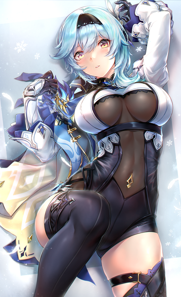 Anime picture 3664x6000 with genshin impact eula lawrence rei kun single tall image looking at viewer blush fringe highres short hair breasts light erotic hair between eyes large breasts yellow eyes blue hair absurdres bent knee (knees) lying parted lips