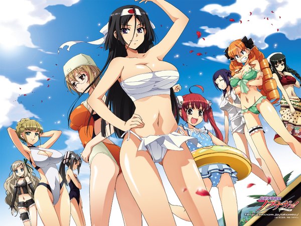 Anime picture 1600x1200 with sengoku gakuen senki nobunaga! saipaco long hair short hair breasts light erotic black hair blonde hair large breasts multiple girls braid (braids) black eyes twin braids group 6+ girls curly hair 9 girls girl swimsuit petals