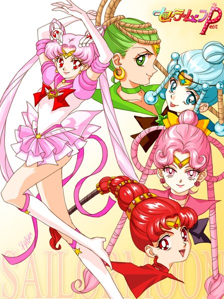 Anime picture 700x934 with bishoujo senshi sailor moon toei animation chibiusa sailor chibi moon junjun cerecere vesves pallapalla sailor ceres sailor juno sailor vesta sailor pallas shabomu long hair tall image looking at viewer open mouth blue eyes simple background smile