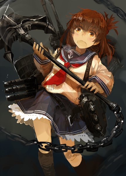 Anime picture 760x1060 with kantai collection inazuma destroyer cus-tom single long hair tall image blush open mouth brown hair holding brown eyes girl skirt weapon miniskirt socks frills gun chain sailor suit