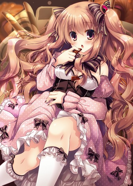 Anime picture 740x1035 with original mizuki yuuma single long hair tall image looking at viewer brown hair brown eyes wavy hair girl dress bow hair bow detached sleeves socks food frills sweets white socks chocolate