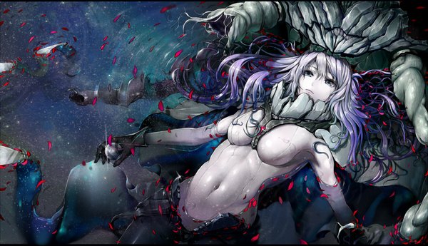 Anime picture 1800x1037 with kantai collection wo-class aircraft carrier hisahisahisahisa single long hair fringe highres blue eyes wide image bare shoulders sky purple hair lying night bare belly night sky covered navel reflection looking up pale skin