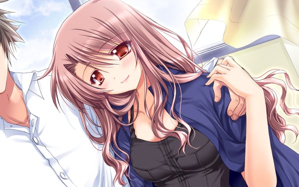 Anime picture 1024x640 with hatsukoi yohou (game) long hair red eyes brown hair wide image game cg girl