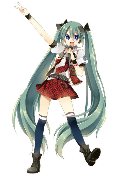 Anime picture 1200x1691 with vocaloid hatsune miku sakura yuki (clochette) single tall image fringe open mouth blue eyes hair between eyes twintails full body very long hair :d arm up aqua hair puffy sleeves plaid skirt victory transparent background girl
