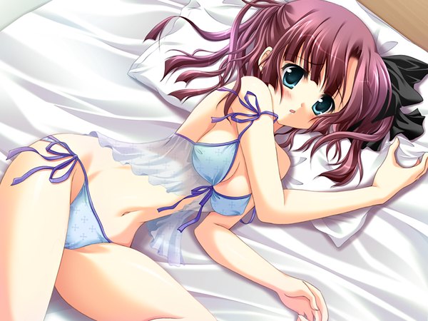 Anime picture 1200x900 with akane iro ni somaru saka izumi tsubasu light erotic green eyes game cg red hair lying underwear only girl underwear panties lingerie bra blue panties babydoll blue bra negligee