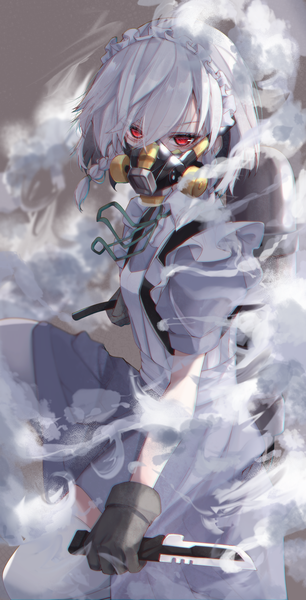 Anime picture 1020x2000 with touhou izayoi sakuya tsune (tune) single tall image looking at viewer fringe short hair hair between eyes red eyes holding silver hair bent knee (knees) braid (braids) blurry grey background short sleeves maid puffy sleeves twin braids