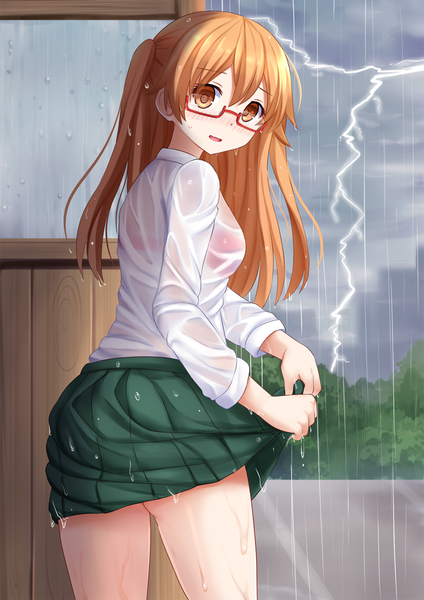 Anime picture 945x1337 with tanaka-kun wa itsumo kedaruge silver link shiraishi (tanaka-kun wa itsumo kedaruge) kazenokaze single long hair tall image blush open mouth light erotic brown hair brown eyes looking back rain wet clothes lightning wet shirt wringing clothes girl skirt