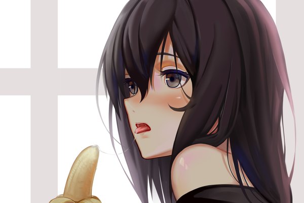 Anime picture 4500x3000 with original sonikey0 0 single long hair blush highres light erotic black hair bare shoulders looking away absurdres black eyes girl tongue fruit banana