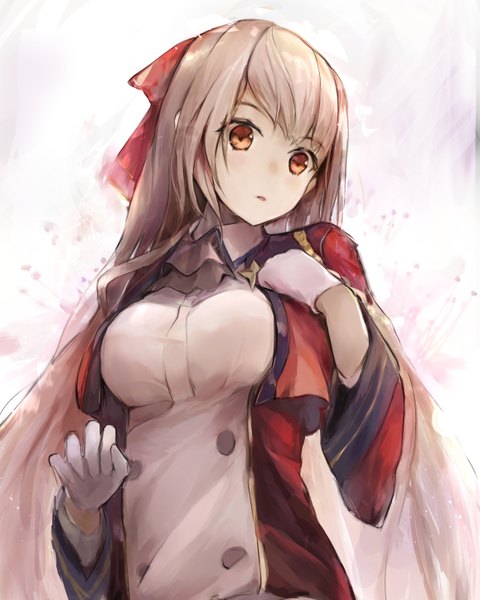 Anime picture 2315x2891 with azur lane swiftsure (azur lane) hanagin single long hair tall image blush fringe highres breasts simple background red eyes standing looking away upper body long sleeves parted lips head tilt arm up wide sleeves