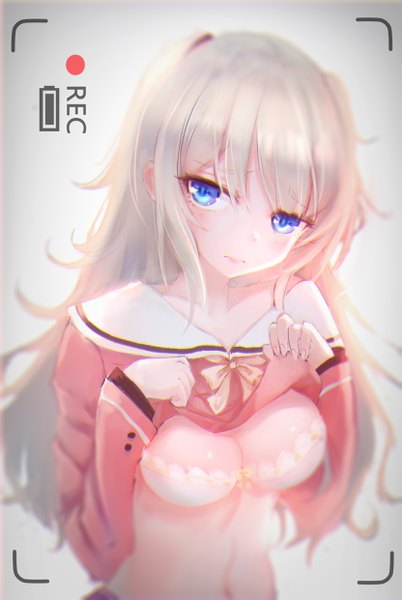 Anime picture 1663x2482 with charlotte p.a. works tomori nao xing single long hair tall image looking at viewer blush fringe breasts blue eyes light erotic simple background hair between eyes payot silver hair upper body head tilt lips