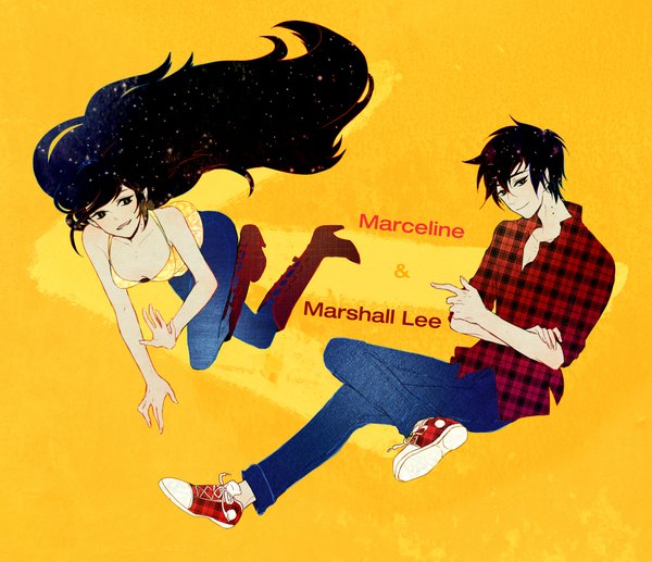 Anime picture 1982x1711 with adventure time marceline (adventure time) marshall lee (adventure time) daga long hair looking at viewer highres short hair black hair simple background smile looking away very long hair light smile black eyes teeth fang (fangs) sleeveless couple crossed legs