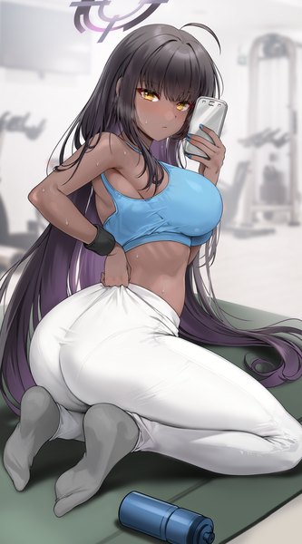 Anime picture 1250x2253 with blue archive karin (blue archive) gijang single long hair tall image looking at viewer fringe breasts light erotic black hair large breasts holding yellow eyes full body ahoge ass blunt bangs nail polish fingernails