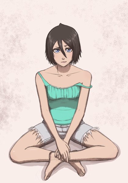 Anime picture 747x1070 with bleach studio pierrot kuchiki rukia single tall image looking at viewer short hair blue eyes black hair sitting bare shoulders bent knee (knees) barefoot light smile crossed legs crossed arms indian style girl shorts short shorts