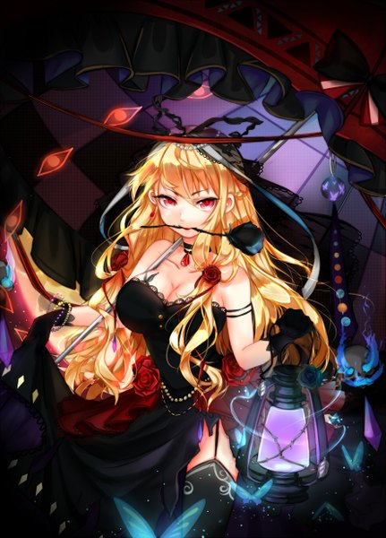 Anime picture 1771x2467 with touhou yakumo yukari lu (tabasa1991) single long hair tall image looking at viewer highres blonde hair red eyes eyes girl thighhighs dress gloves flower (flowers) black thighhighs black gloves black dress rose (roses)