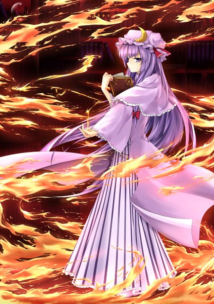 Anime picture 1414x2000 with touhou patchouli knowledge cloudy.r single long hair tall image highres purple eyes purple hair girl dress book (books) fire