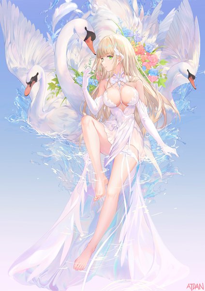 Anime picture 1697x2400 with original atdan single long hair tall image looking at viewer fringe breasts light erotic simple background blonde hair large breasts green eyes signed full body bent knee (knees) blunt bangs profile barefoot arm up