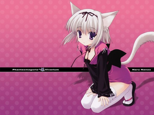 Anime picture 1280x960 with nanao naru animal ears tail cat girl girl thighhighs ribbon (ribbons)