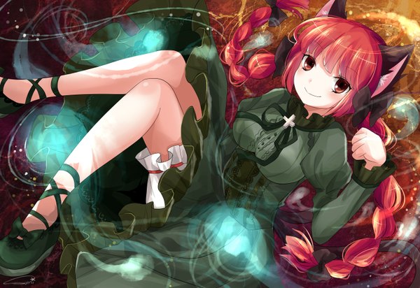 Anime picture 2952x2031 with touhou kaenbyou rin sumi mi single long hair highres smile red eyes animal ears red hair braid (braids) cat ears girl dress bow