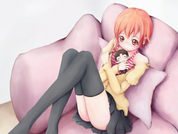Anime picture 1024x768 with working!! a-1 pictures inami mahiru takanashi souta tagme (artist) blush short hair open mouth light erotic black hair sitting eyes closed pleated skirt orange hair orange eyes crossed arms girl thighhighs boy skirt