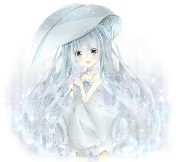 Anime picture 1000x925 with vocaloid hatsune miku satou (una-vittima) single long hair looking at viewer blush open mouth blue eyes simple background smile standing blue hair girl dress frills leaf (leaves) sundress child (children) leaf umbrella