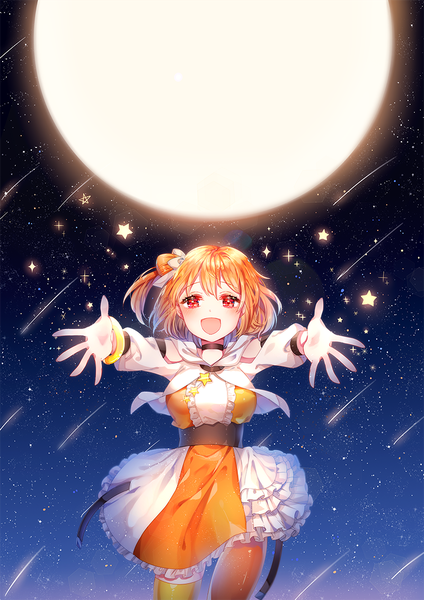Anime picture 800x1131 with kagerou project shaft (studio) kisaragi momo shina (sbk951121) single tall image looking at viewer blush fringe short hair open mouth smile hair between eyes red eyes standing outdoors :d orange hair night sparkle