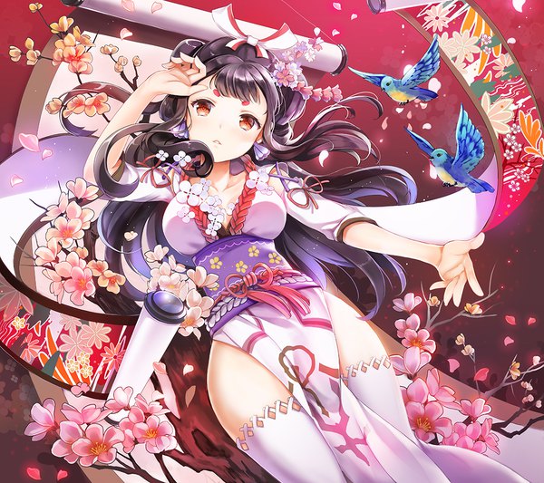 Anime picture 1100x978 with onmyoji huaniao juan sibyl single long hair looking at viewer blush fringe breasts light erotic black hair red eyes large breasts holding lying blunt bangs traditional clothes parted lips japanese clothes hair flower