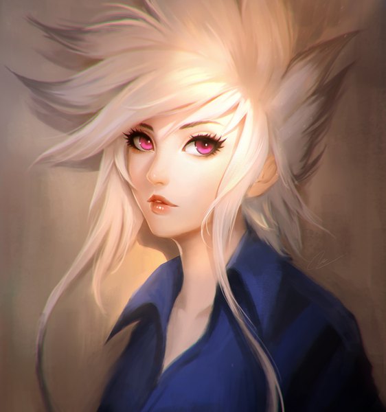 Anime picture 1125x1200 with original chaosringen single tall image looking at viewer fringe short hair simple background payot upper body white hair parted lips pink eyes multicolored hair lips realistic two-tone hair portrait girl shirt