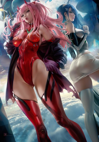 Anime picture 2429x3500 with neon genesis evangelion darling in the franxx gainax studio trigger zero two (darling in the franxx) ichigo (darling in the franxx) strelizia sakimichan long hair tall image looking at viewer fringe highres breasts open mouth blue eyes light erotic large breasts standing bare shoulders