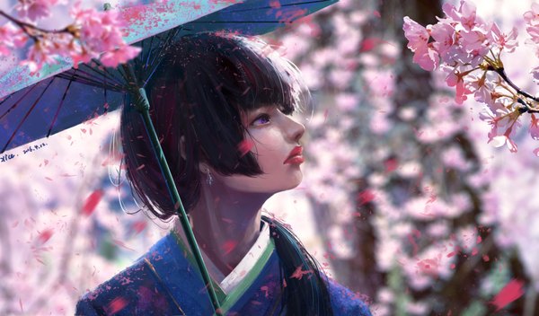 Anime picture 3846x2260 with original xi chen chen single long hair fringe highres black hair wide image purple eyes signed payot looking away absurdres upper body outdoors blunt bangs traditional clothes japanese clothes profile blurry