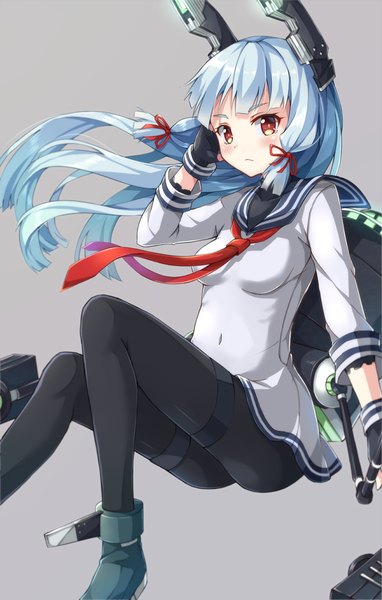 Anime picture 868x1364 with kantai collection murakumo destroyer rin yuu single long hair tall image looking at viewer blush simple background red eyes sitting blue hair grey background hand on head tress ribbon girl gloves ribbon (ribbons) hair ribbon pantyhose