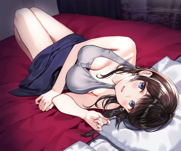 Anime picture 1228x1028 with original nishizawa single long hair looking at viewer blush fringe breasts open mouth blue eyes light erotic smile brown hair large breasts bare shoulders payot cleavage full body bent knee (knees) indoors