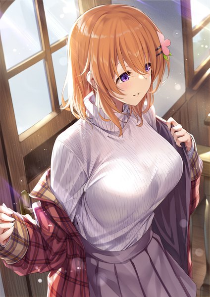 Anime picture 992x1403 with gochuumon wa usagi desu ka? white fox hoto cocoa ks single tall image blush fringe short hair breasts smile hair between eyes large breasts standing purple eyes indoors long sleeves parted lips pleated skirt from above
