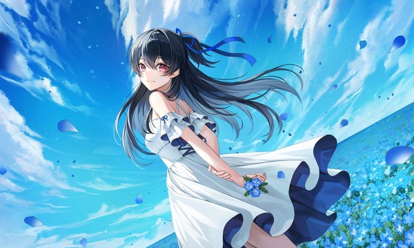 Anime picture 2000x1198 with original plus1024 single long hair looking at viewer fringe highres black hair smile hair between eyes red eyes wide image standing bare shoulders sky cloud (clouds) outdoors wind dutch angle one side up