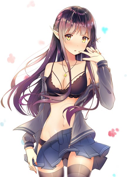 Anime picture 1382x1920 with original guanghe zuoyong de de yezi single long hair tall image looking at viewer blush fringe breasts open mouth light erotic simple background yellow eyes payot cleavage purple hair nail polish pleated skirt fingernails pointy ears