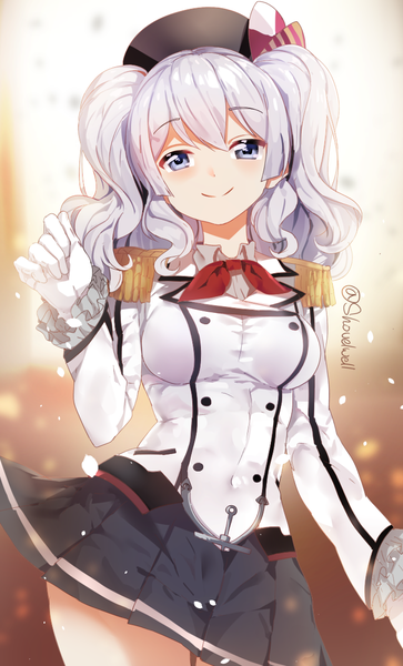 Anime picture 700x1156 with kantai collection kashima training cruiser shovelwall single long hair tall image looking at viewer blush fringe smile twintails signed silver hair wavy hair silver eyes girl gloves uniform petals white gloves