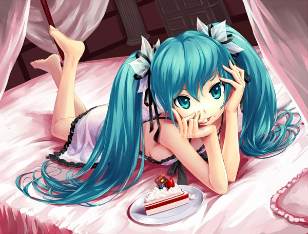 Anime picture 1000x759 with vocaloid hatsune miku tonoimo long hair twintails cleavage lying barefoot aqua eyes aqua hair legs girl ribbon (ribbons) hair ribbon sweets bed cake