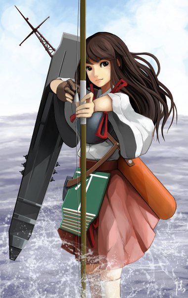 Anime picture 1816x2864 with kantai collection akagi aircraft carrier single long hair tall image looking at viewer fringe highres breasts black hair traditional clothes japanese clothes light smile black eyes girl skirt weapon socks kimono sea